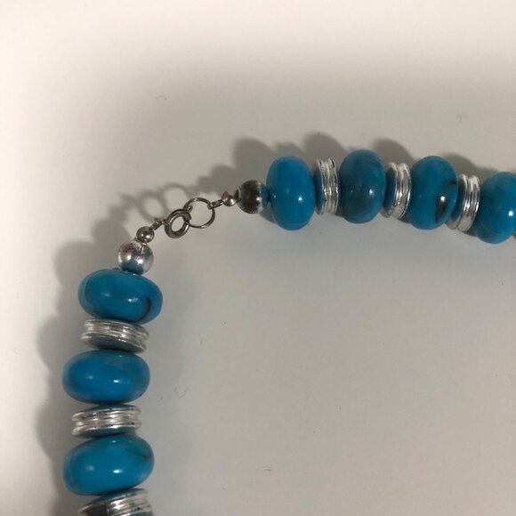 Faux Turquoise Beaded Necklace Chunky Blue Statement Silver Tone Spacer Jewelry - Picture 4 of 4